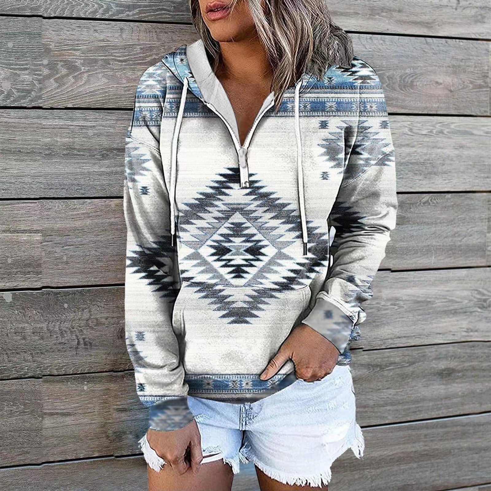 Ethnic Tribal Geometric Print Zip Hoodie