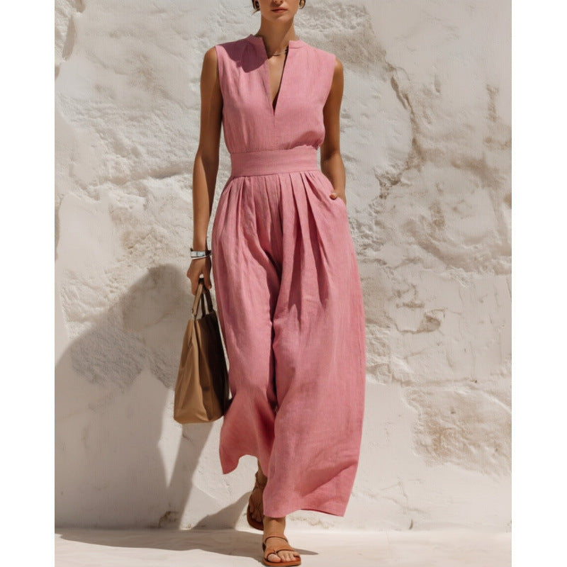 Sleeveless Pullover Solid-color High-waisted Loose-fitting Jumpsuit