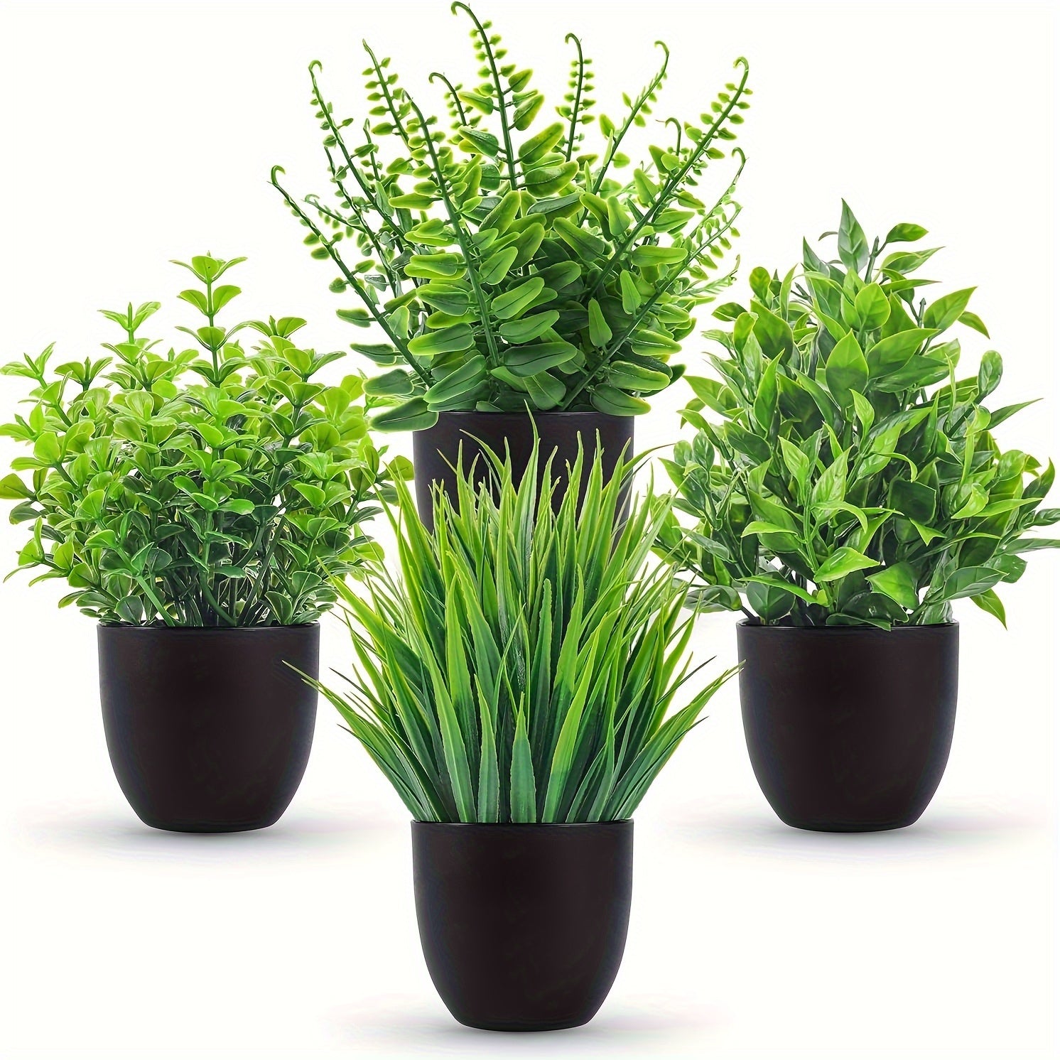 Set of 4 small black artificial plants for bathroom and desk decor
