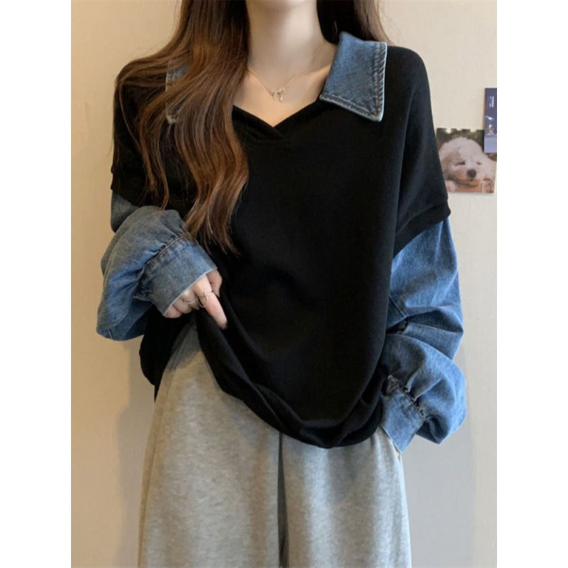 Plus Size Denim False Two-Piece Slimming Sweater