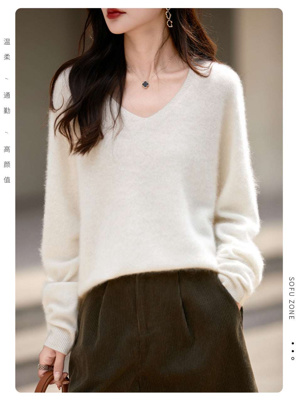 V-neck Cashmere Knit Women's Loose-fit Sweater