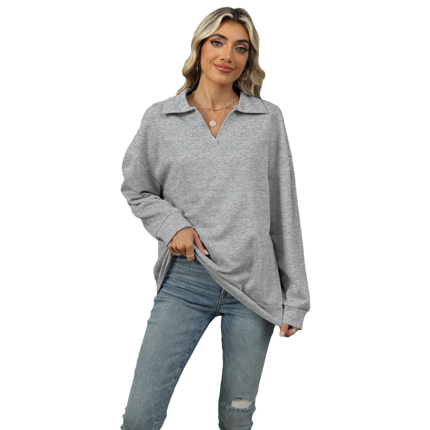 Casual V-Neck Lapel Long-Sleeve Pullover Sweatshirt