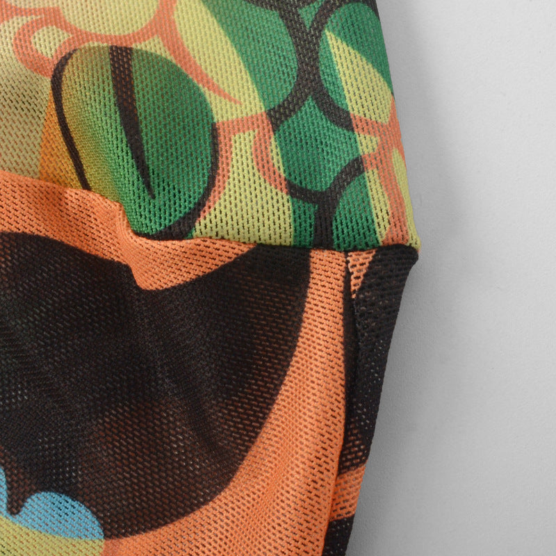 Retro Print High-Elastic Skinny Mesh Jumpsuit