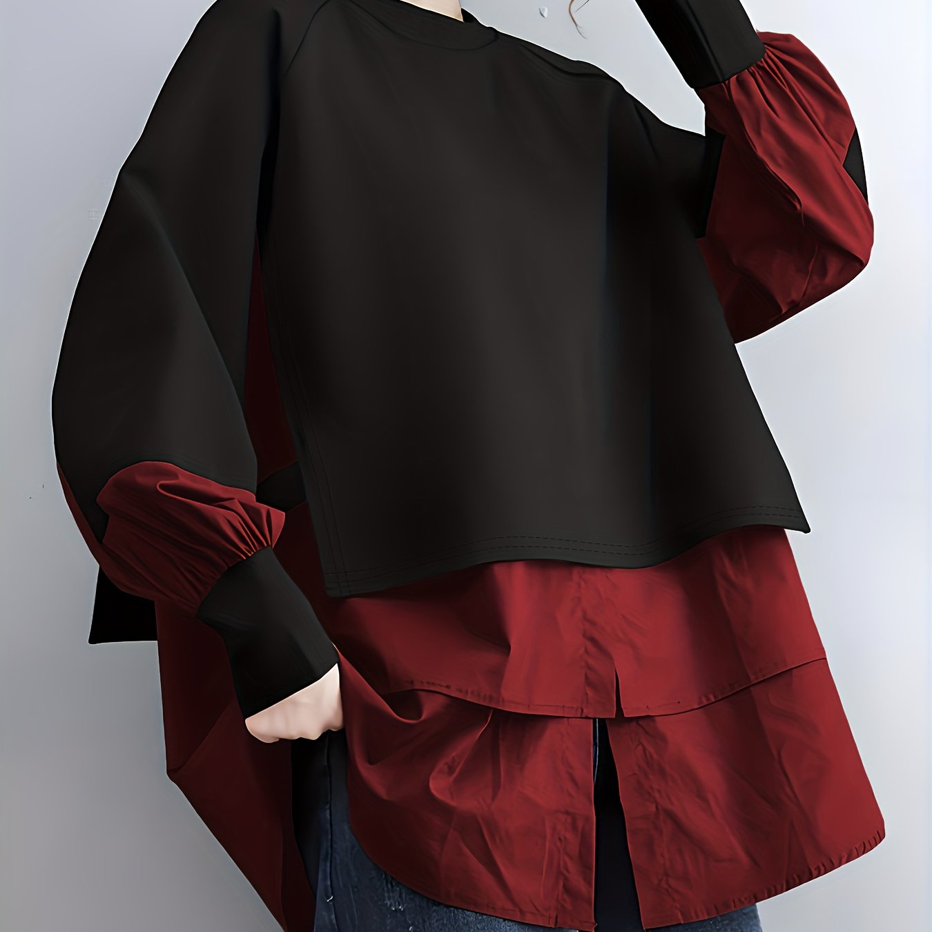 Plus Size Patchwork Long-Sleeve Sweatshirt with Round Neck