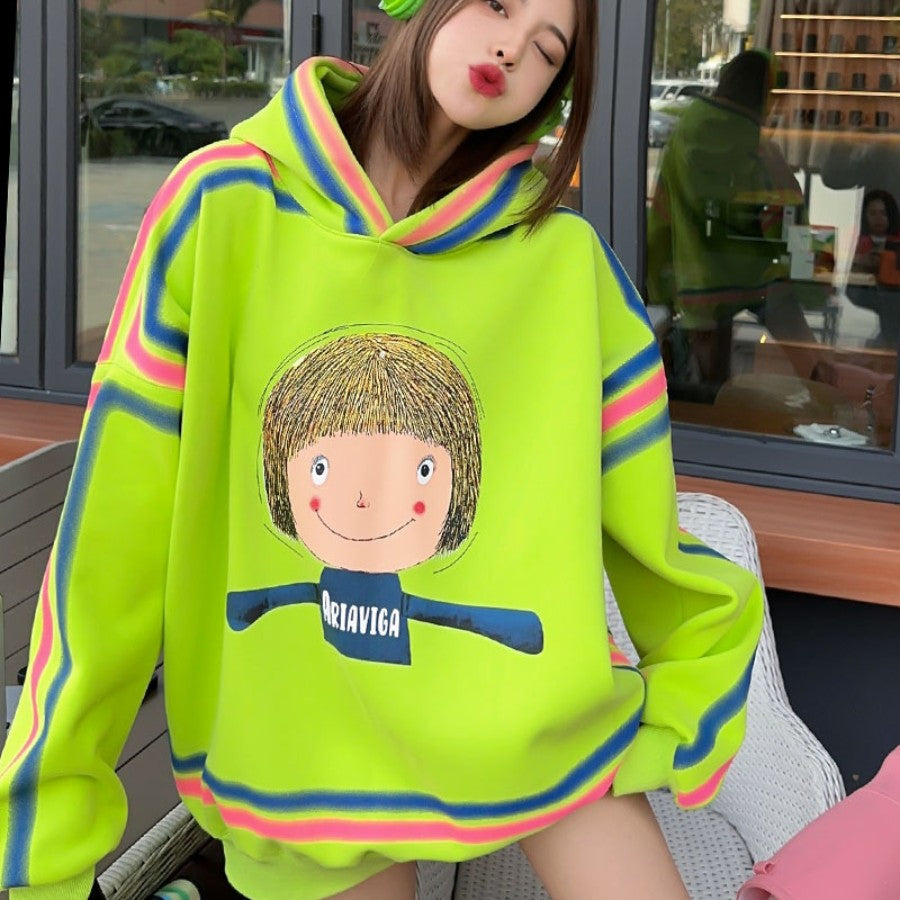 Cozy Cartoon Tie-Dye Velvet Padded Hooded Sweatshirt