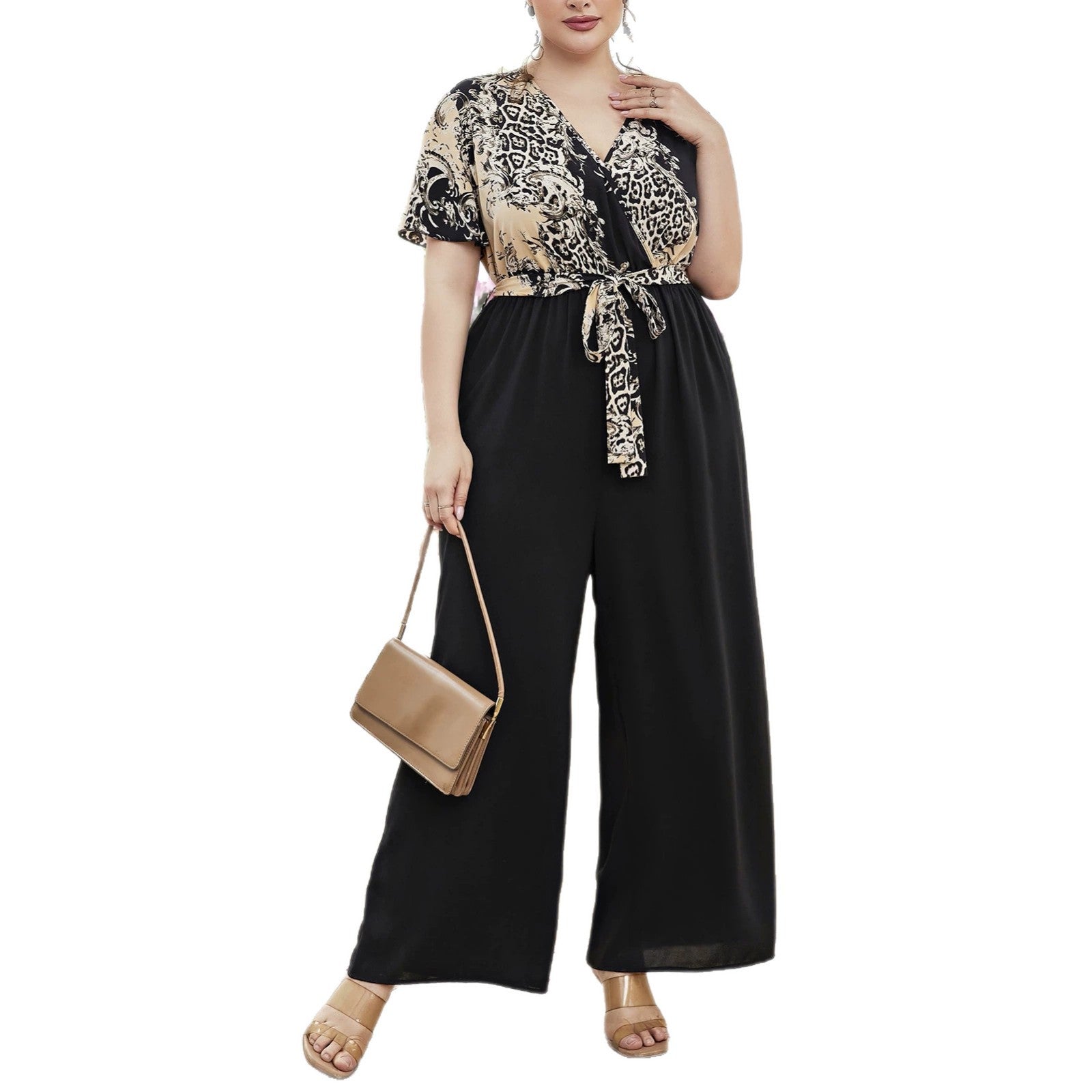 Plus-Size Floral Patchwork Wide-Leg Jumpsuit