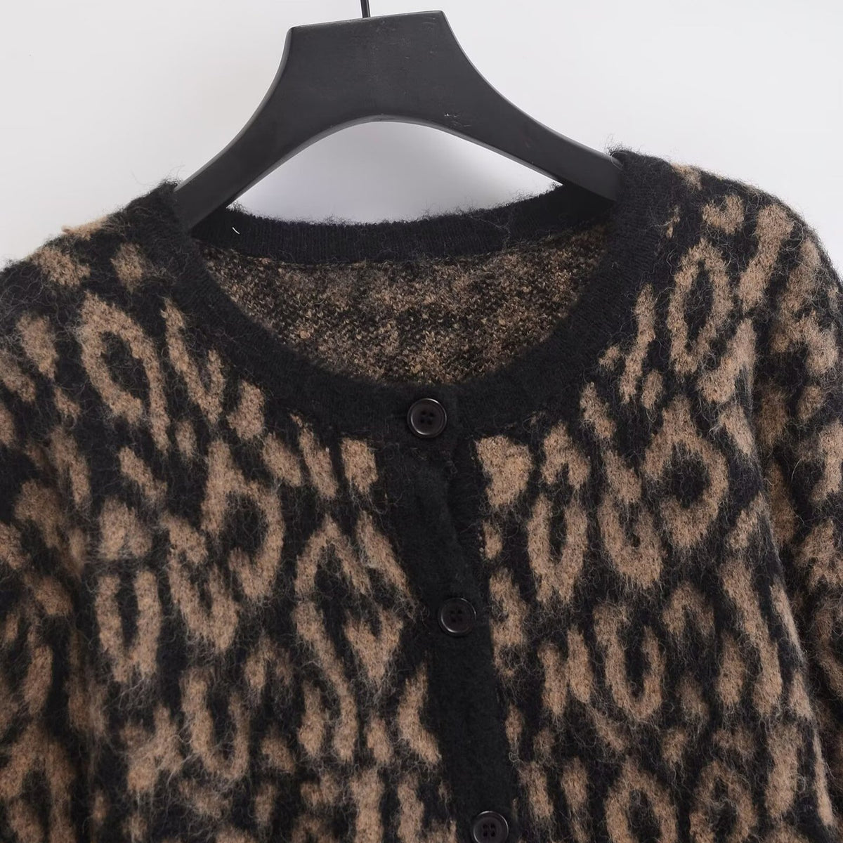 American-style Vintage Brown Leopard-print Crew-neck Cardigan Patterned Single-breasted Short Jacket