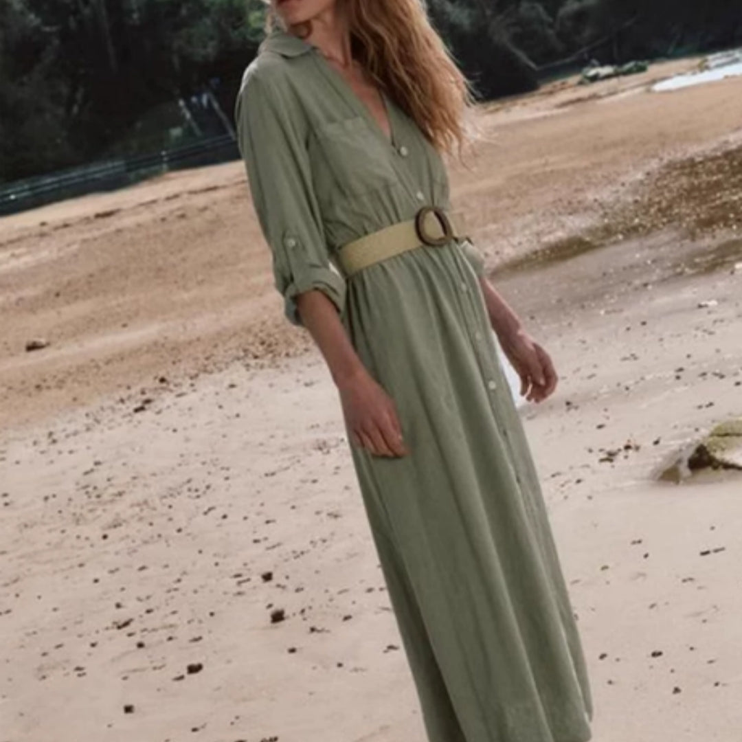 European and American V-neck Rolled Edge Sleeve Jute Waistband Dress