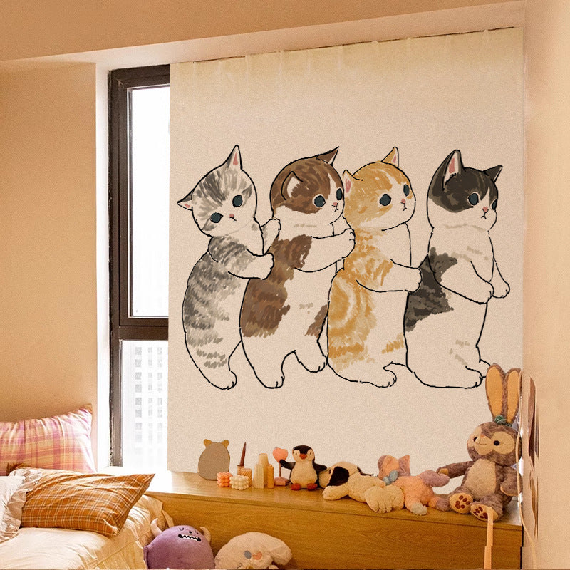 Velcro Curtain Cute Cat Punch-free Installation Shade Cloth Self-adhesive Short