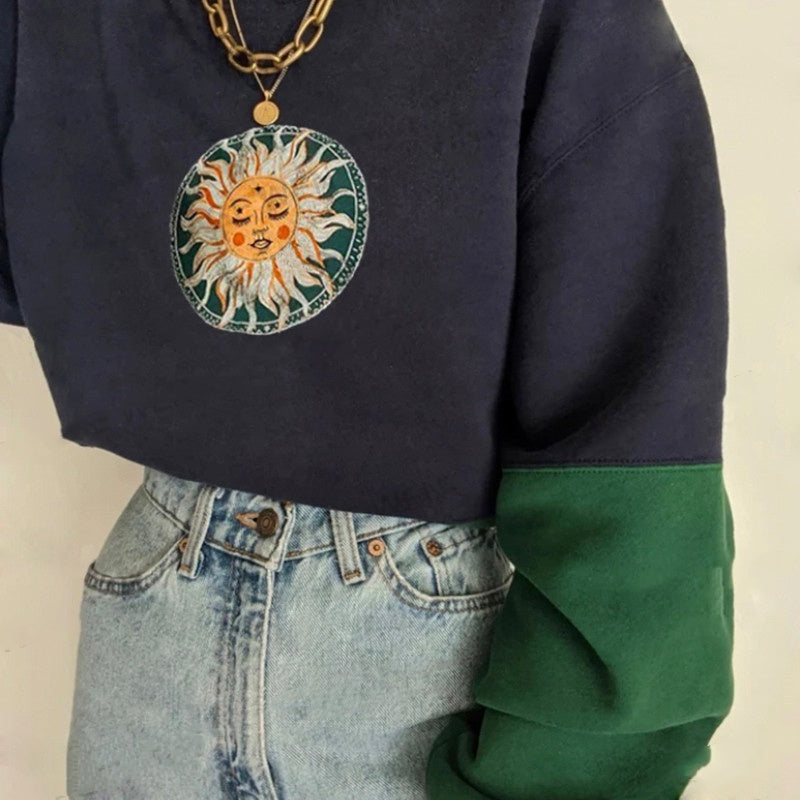 Retro Navy Blue Contrast Stitching Hoodie-Free Sweatshirt