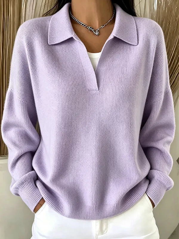 Turn-down Ribbed Knit Sweater Loose-fitting Figure-flattering Casual V-neck Pullover