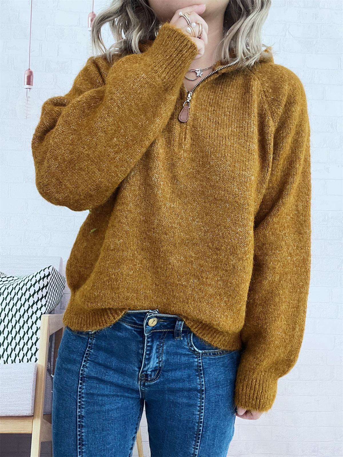 Solid Color Casual Hooded Knitted Sweater for Women