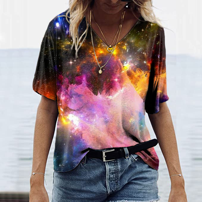 Women's 3D Printed Loose V-Neck Short Sleeve Top