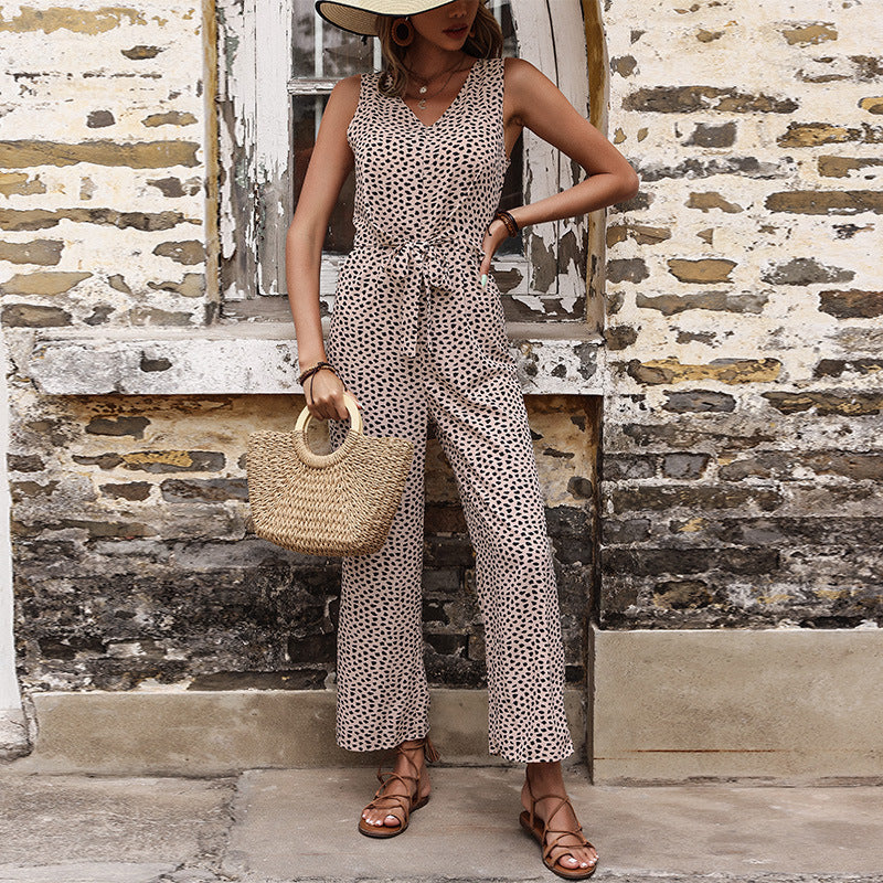 European And American-style Casual Sleeveless Leopard-print Jumpsuit