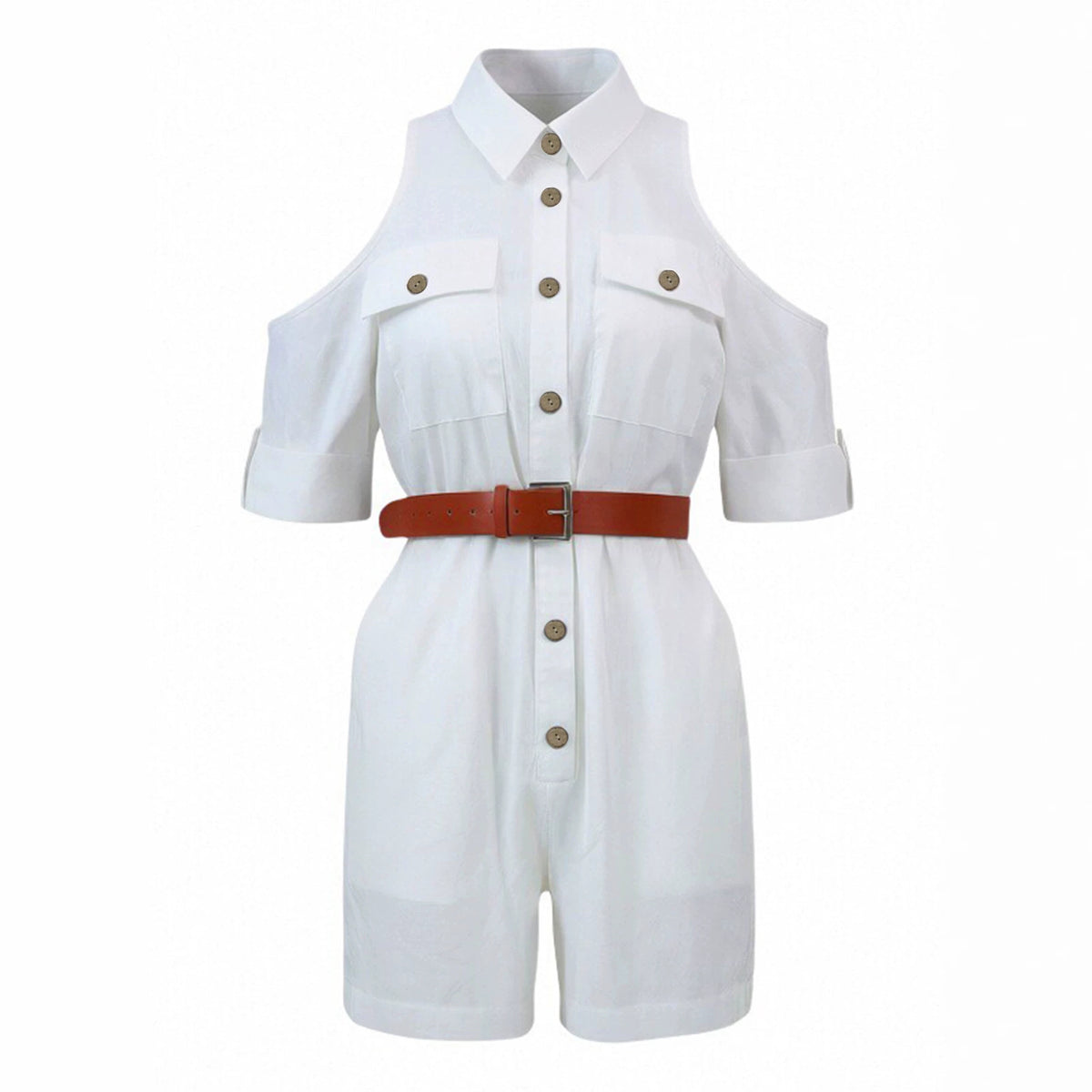 Cotton Button-Down Romper Shirt Shorts Jumpsuit