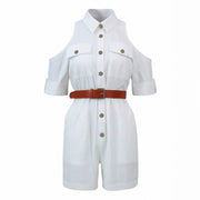Cotton Button-Down Romper Shirt Shorts Jumpsuit
