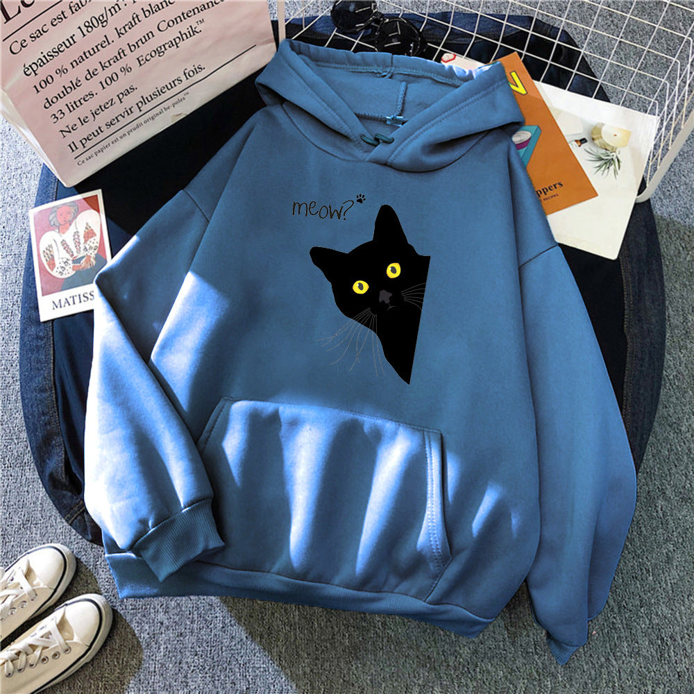 Plus Size Black Cat Fleece Hooded Sweatshirt