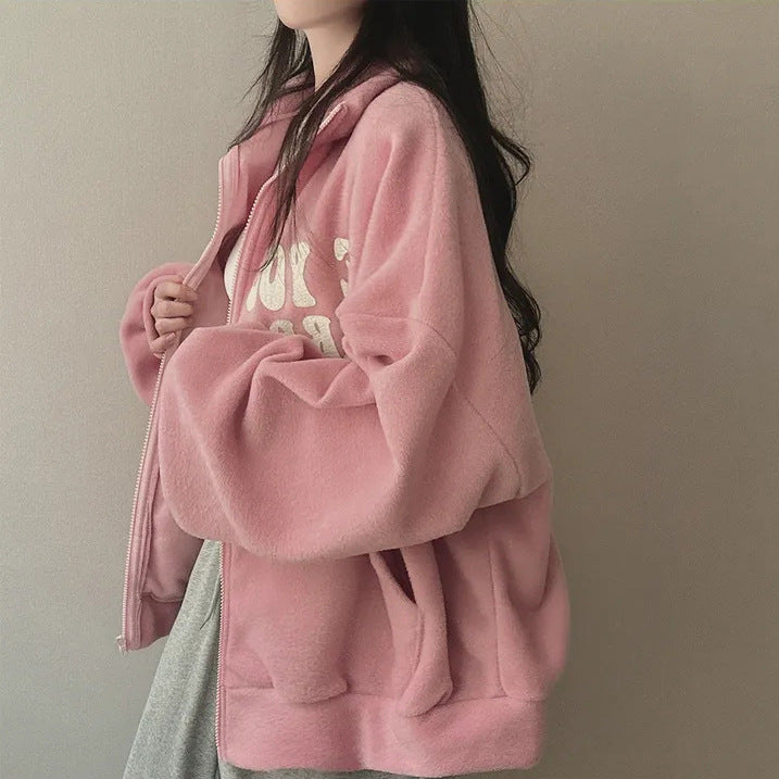 Women's Plus Velvet Alphabet Zip-Up Loose Cardigan Sweater