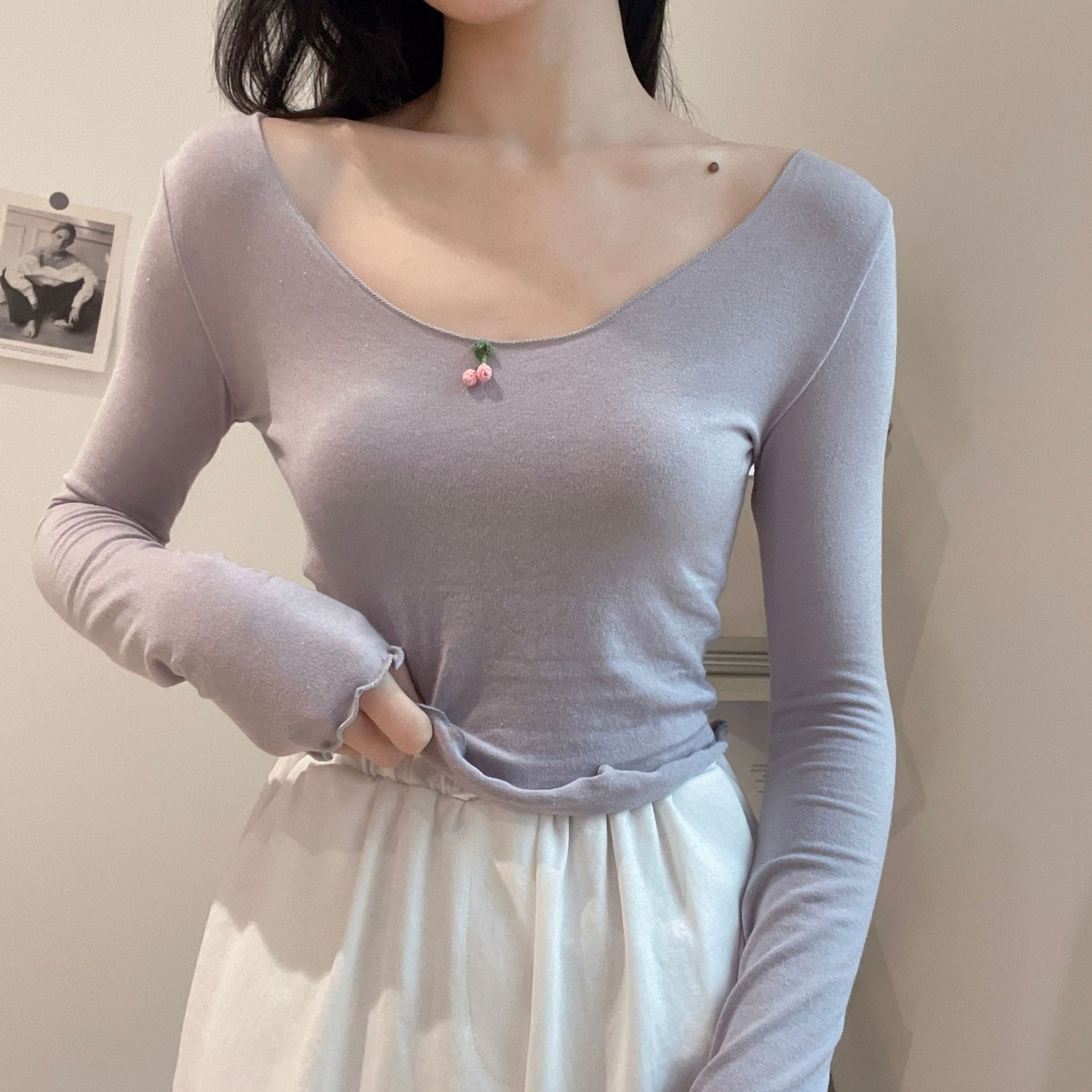 Women's Cherry Edge Long Sleeve Knit Top