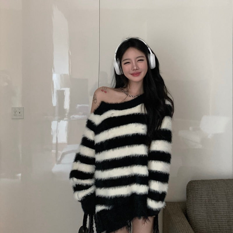 Cozy Striped Plush Pullover Zipper Sweater