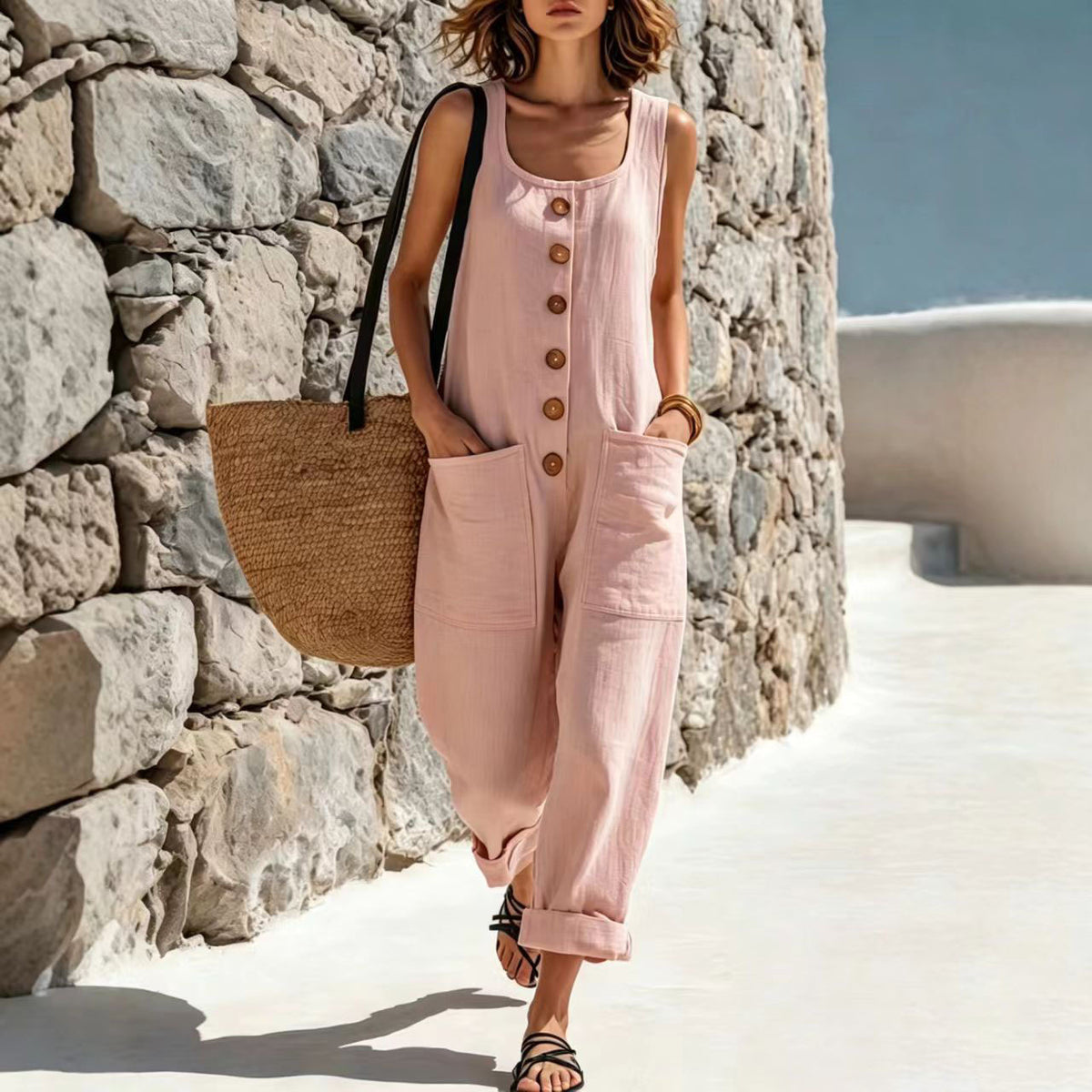 Women's Retro Button Wide-Leg Sleeveless Summer Jumpsuit