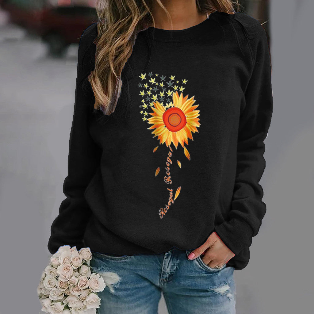 Women's Sunflower Print Long Sleeve Crew Neck Sweater