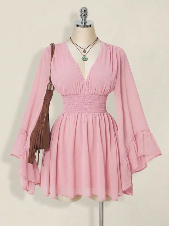 Womens Solid-color Fashionable V-neck Waist-cinching Dress