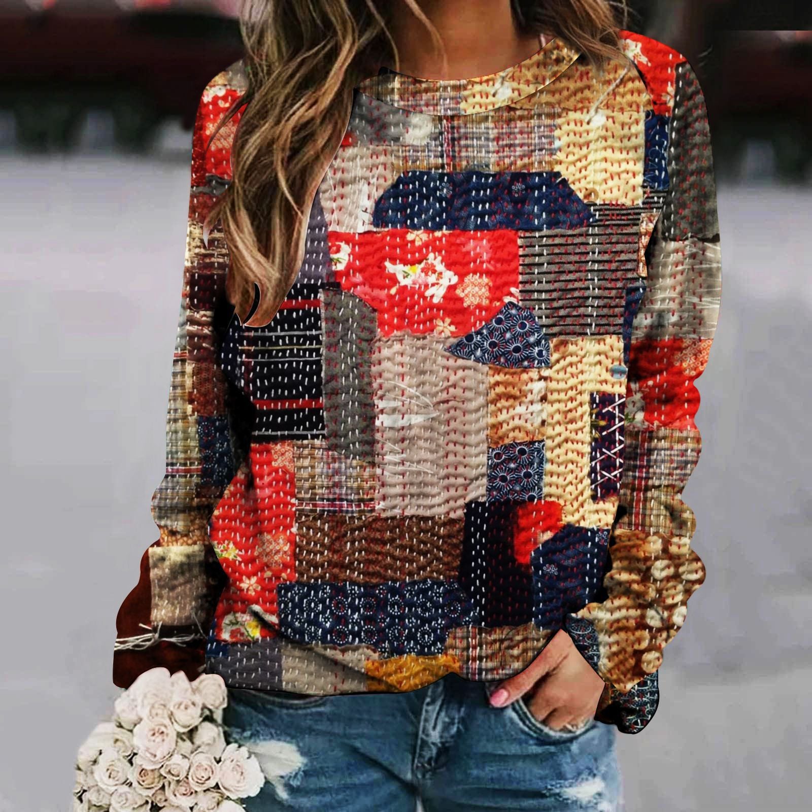 Chic Patchwork Raglan Long Sleeve Women's Sweater