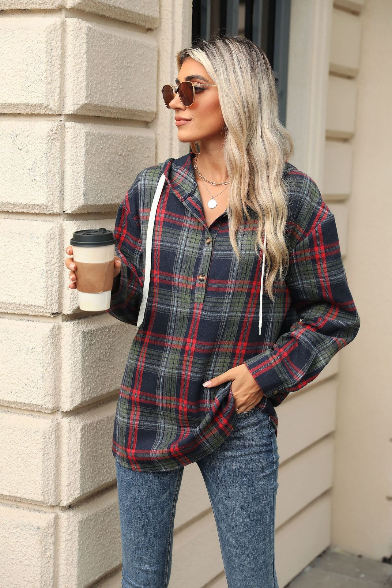 Women's Plaid Button Hoodie Loose Long Sleeve Sweatshirt