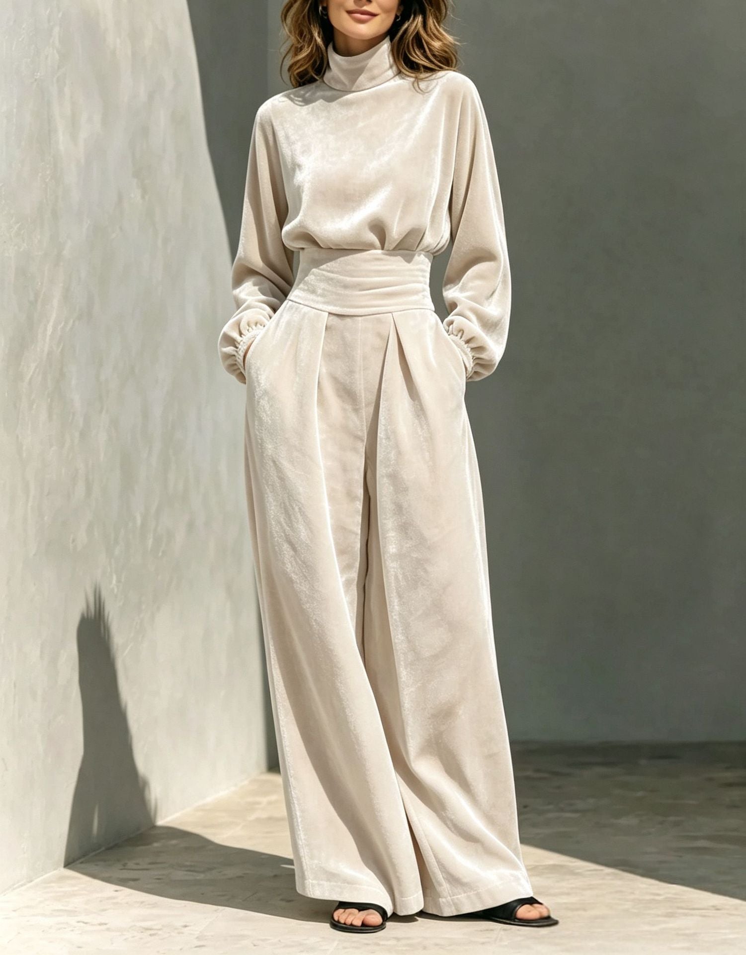 Velvet Turtleneck Belted Wide-Leg Jumpsuit