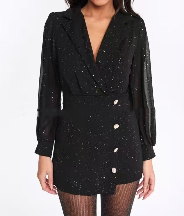 Sequin V-Neck Lantern-Sleeve Jumpsuit