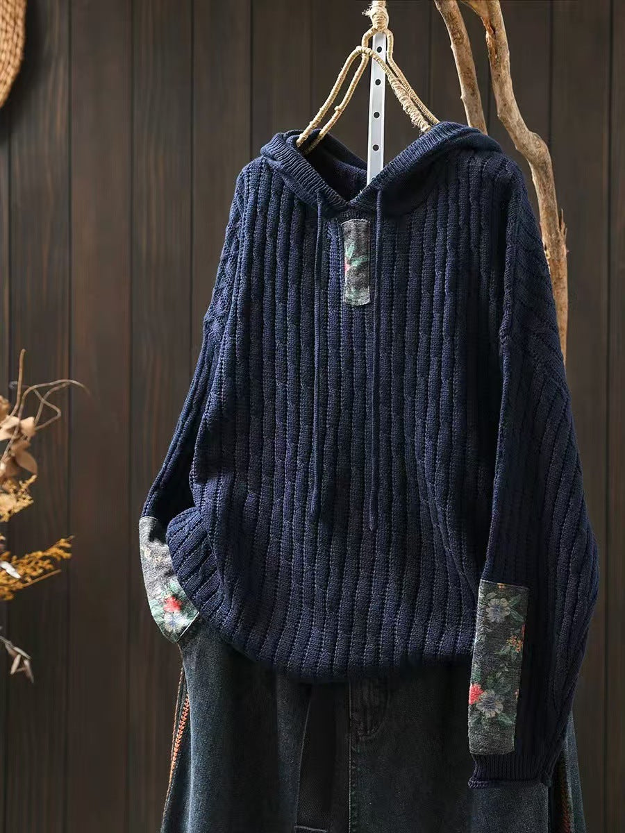 Womens Ethnic-style Loose-fit Oversized Sweater with Drawstring Hood