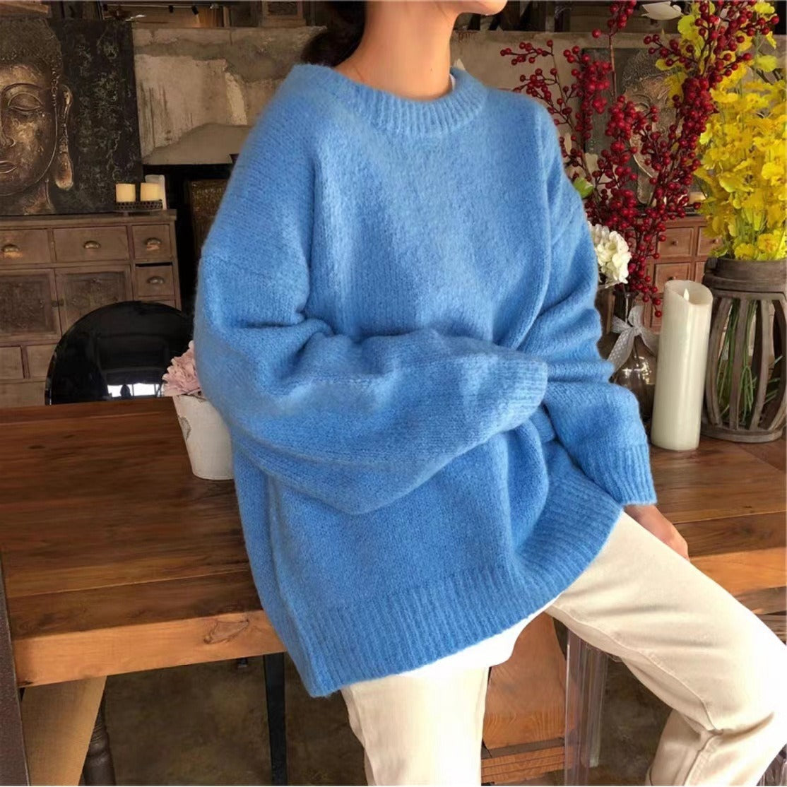 Solid-color Knitted Pullover Sweater for Women Korean Style Autumn Winter