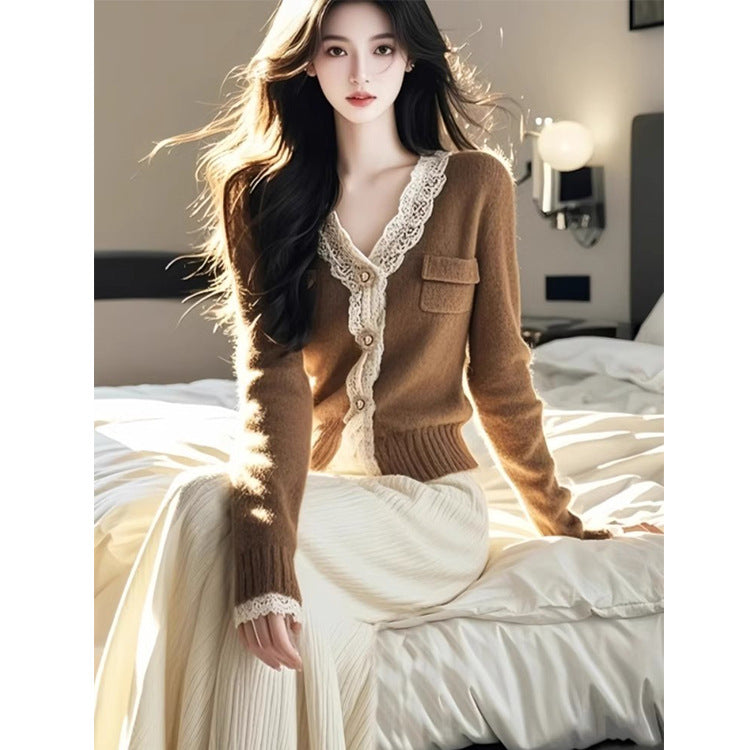 Maillard Brown Lace-trimmed V-neck Knitted Cardigan Sweater