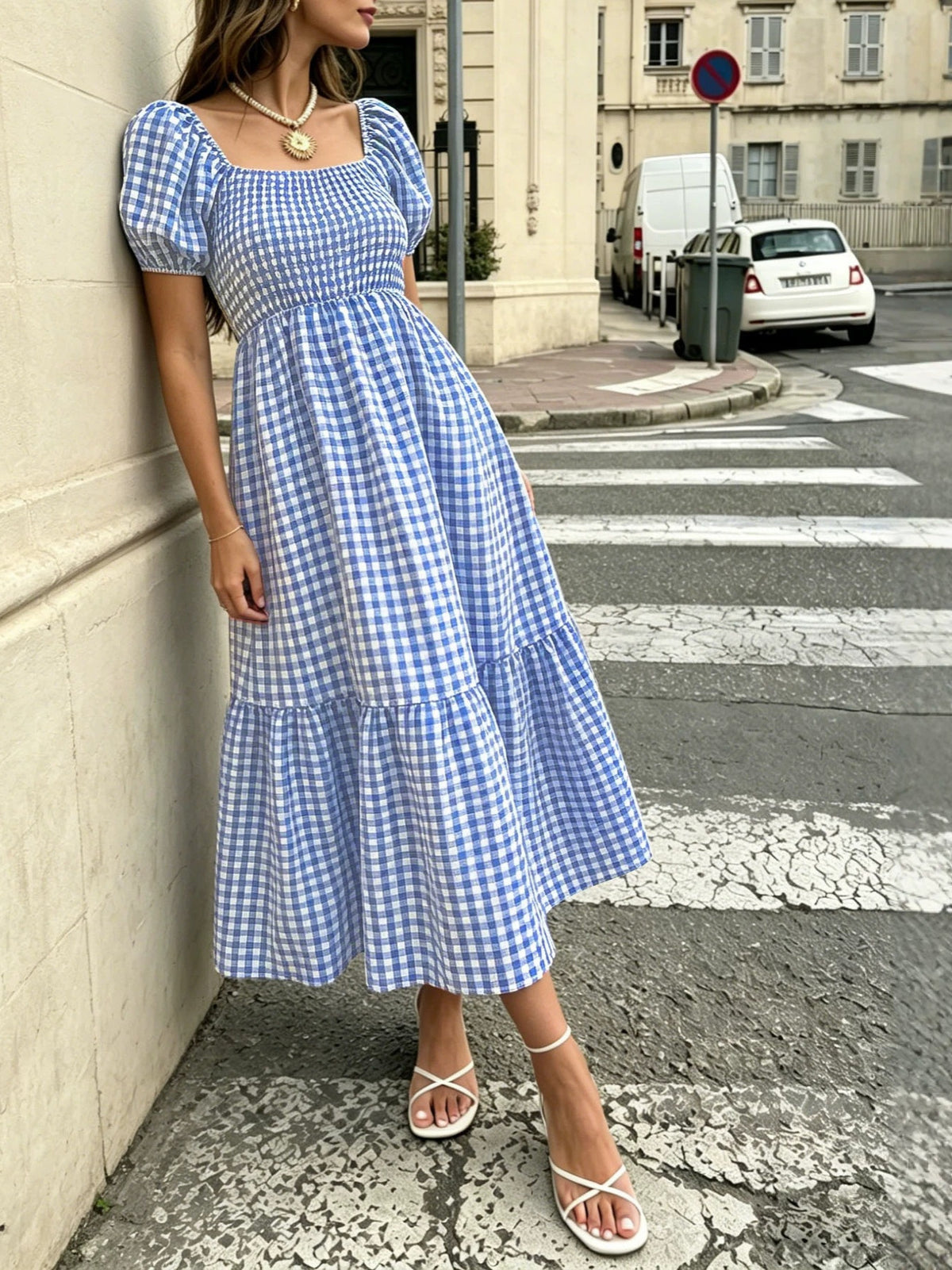 Retro Puff Sleeve Vichy Check Tiered Midi Dress