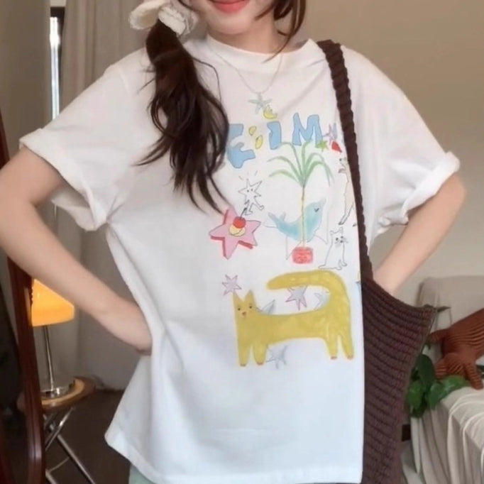 Lightweight Korean-Print Cotton Short Sleeve Tee for Women