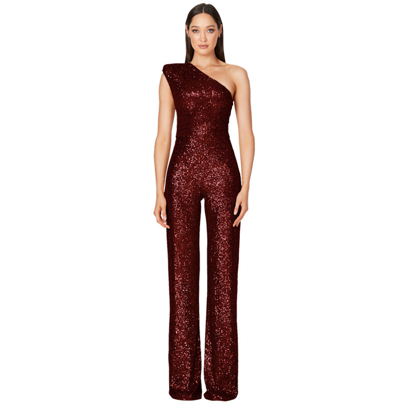 Glamorous One-Shoulder Sequined Wide-Leg Jumpsuit