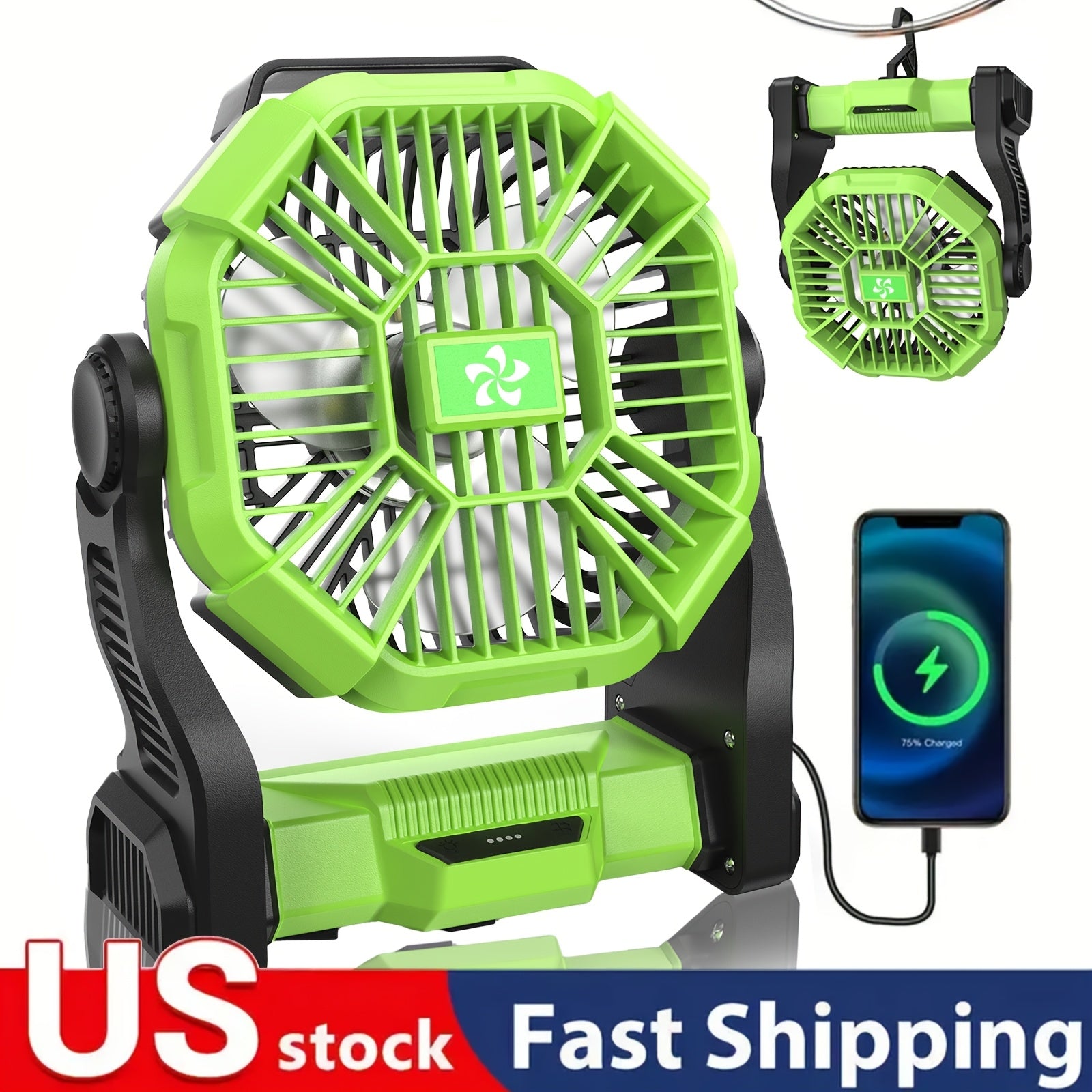 Three-in-One Battery Powered Camping Fan with LED Lantern, Timer and Rotating Base