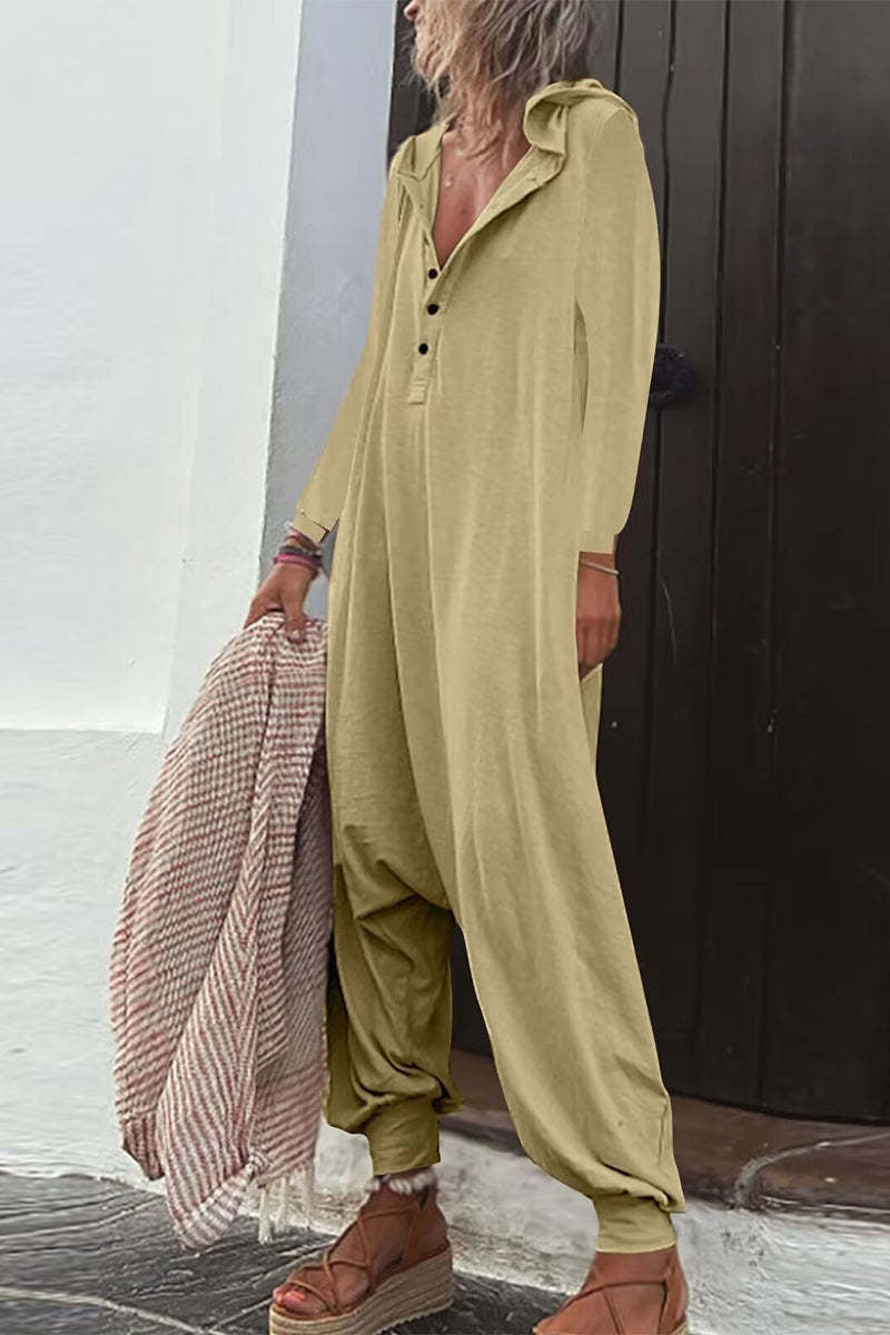 Casual Hooded Pocket Long Sleeve Jumpsuit Baggy Pants