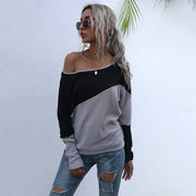 Loose Off‑Shoulder Color‑Block Long Sleeve Pullover T‑Shirt