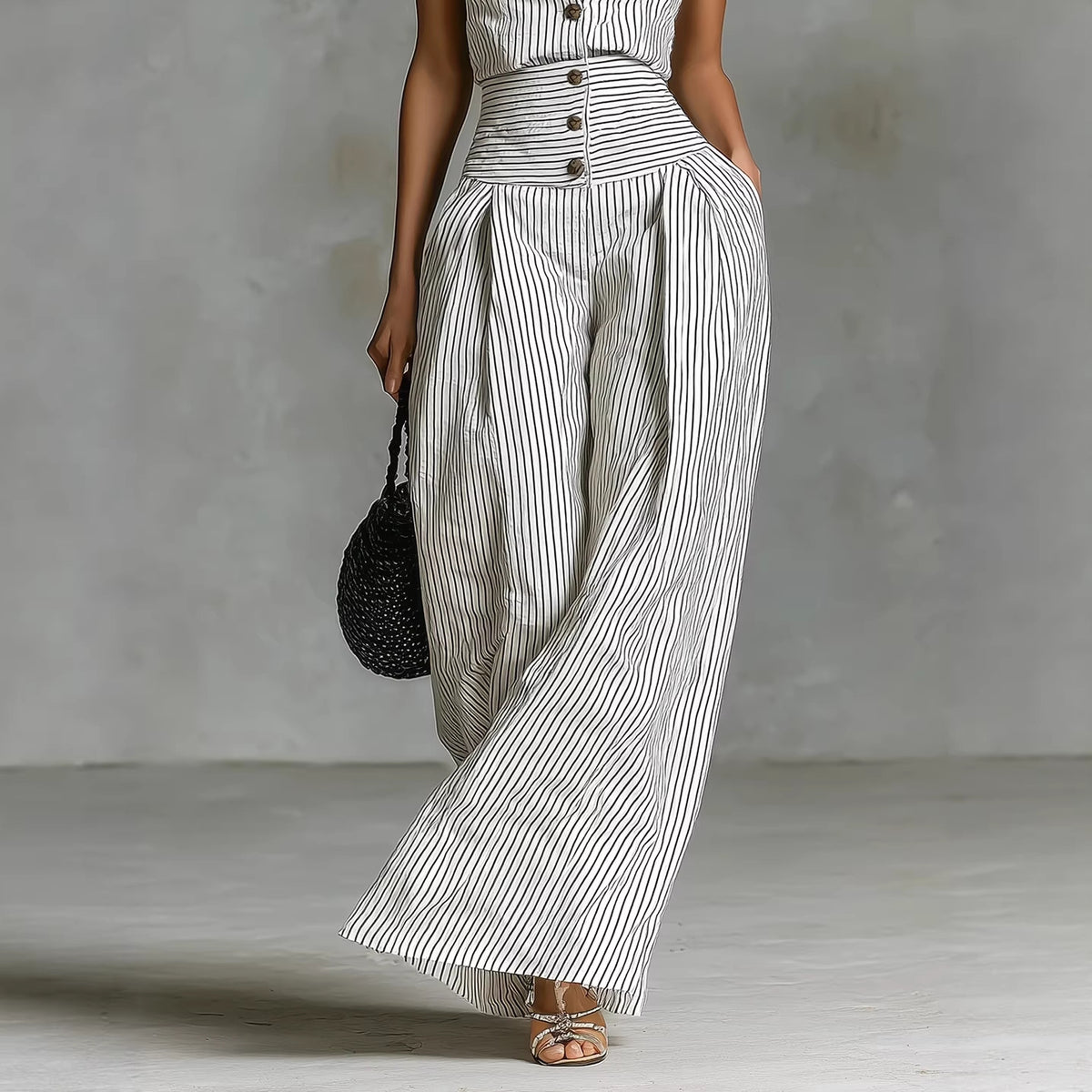 Button-front Sleeveless Shirt High-waisted Wide-leg Slim-fit Jumpsuit