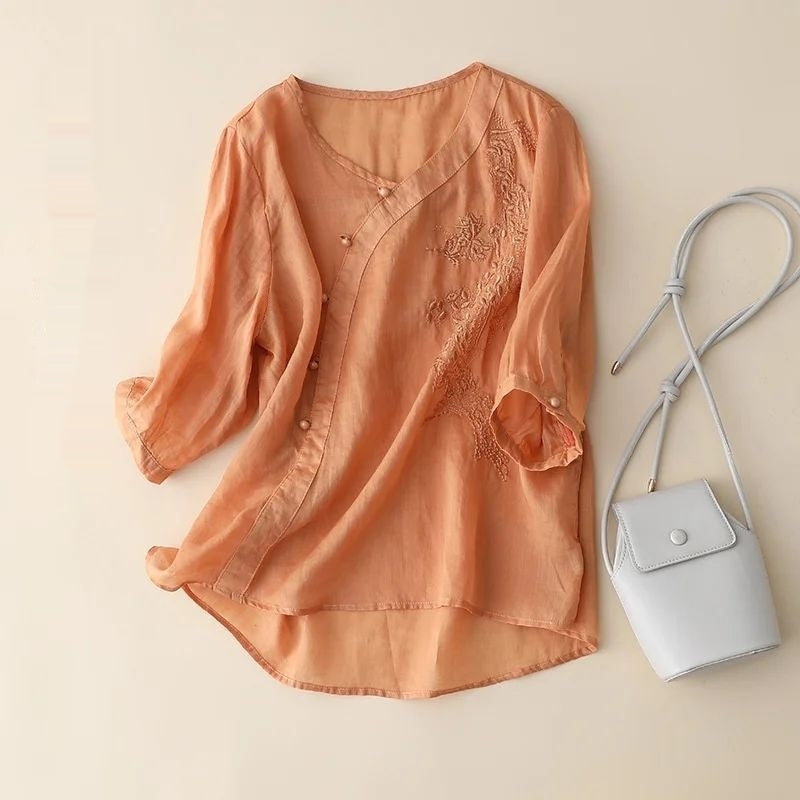Plus Size Slimming Cotton And Linen Top With Buckle Loose Cotton-linen Shirt Women