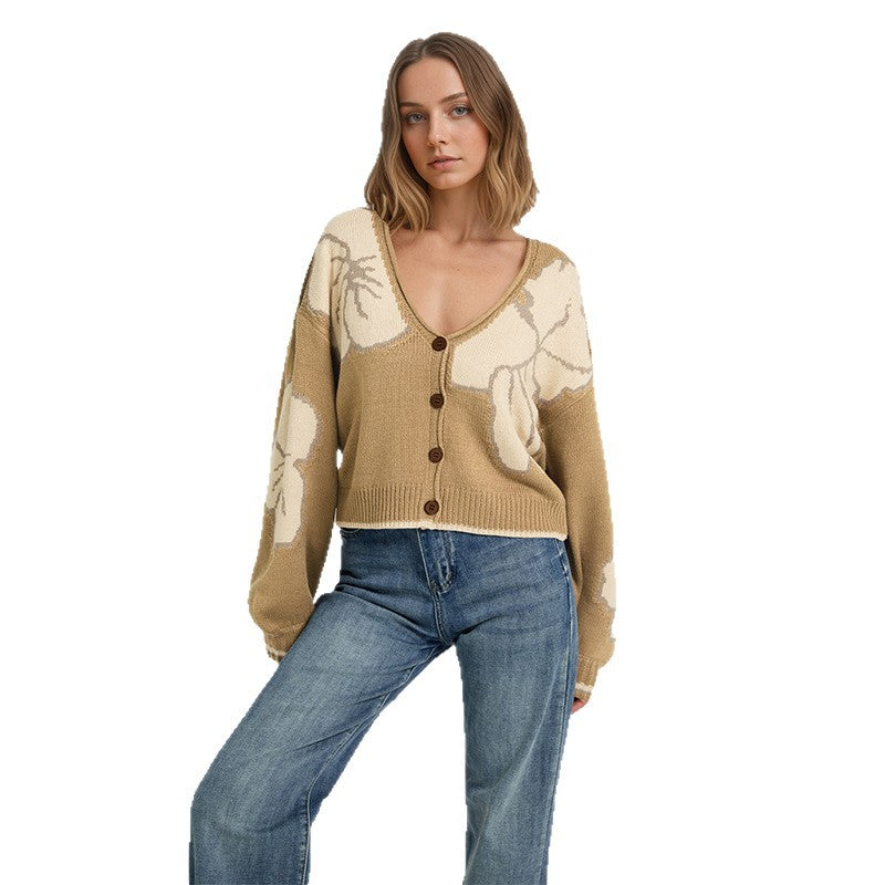 Womens Loose-fit Jacquard Color-block Knitted Cardigan Top