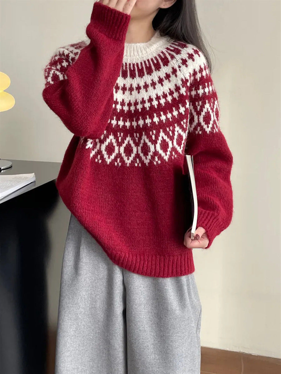 New Round Neck Loose Slimming Christmas Style Knitwear Top