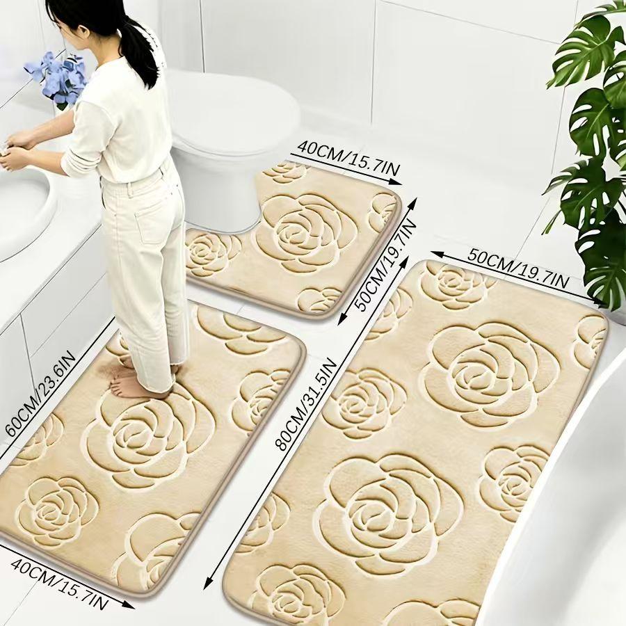 Rose-patterned Non-slip Coral Fleece Bathroom Bath Mat
