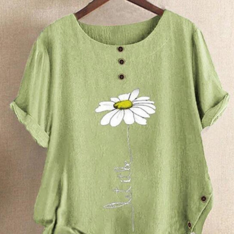 Loose Fit Round Neck Printed Button‑Up Top – Summer Women's Shirt