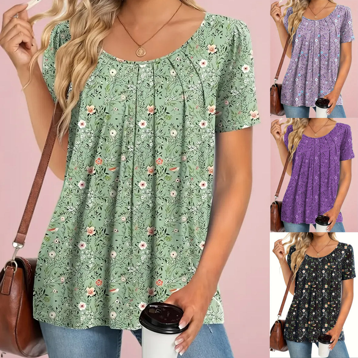 Floral Summer Top – Short Sleeve, Round Neck, Lightweight & Breathable