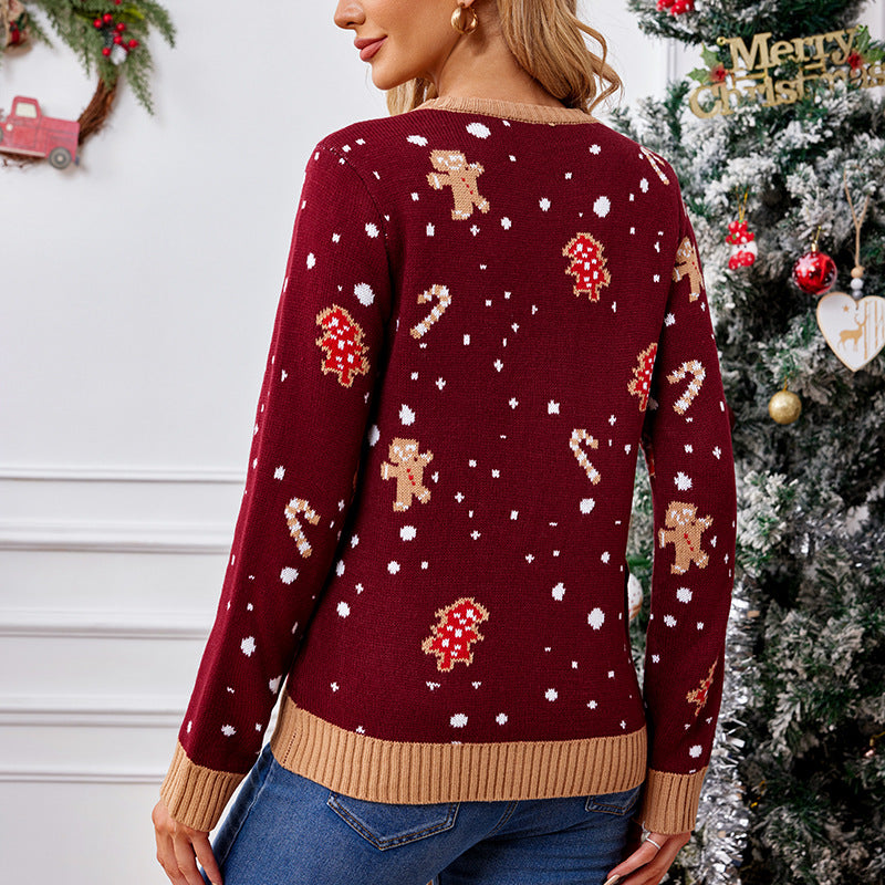 Casual Christmas Sweater for Women with Gingerbread Man Design
