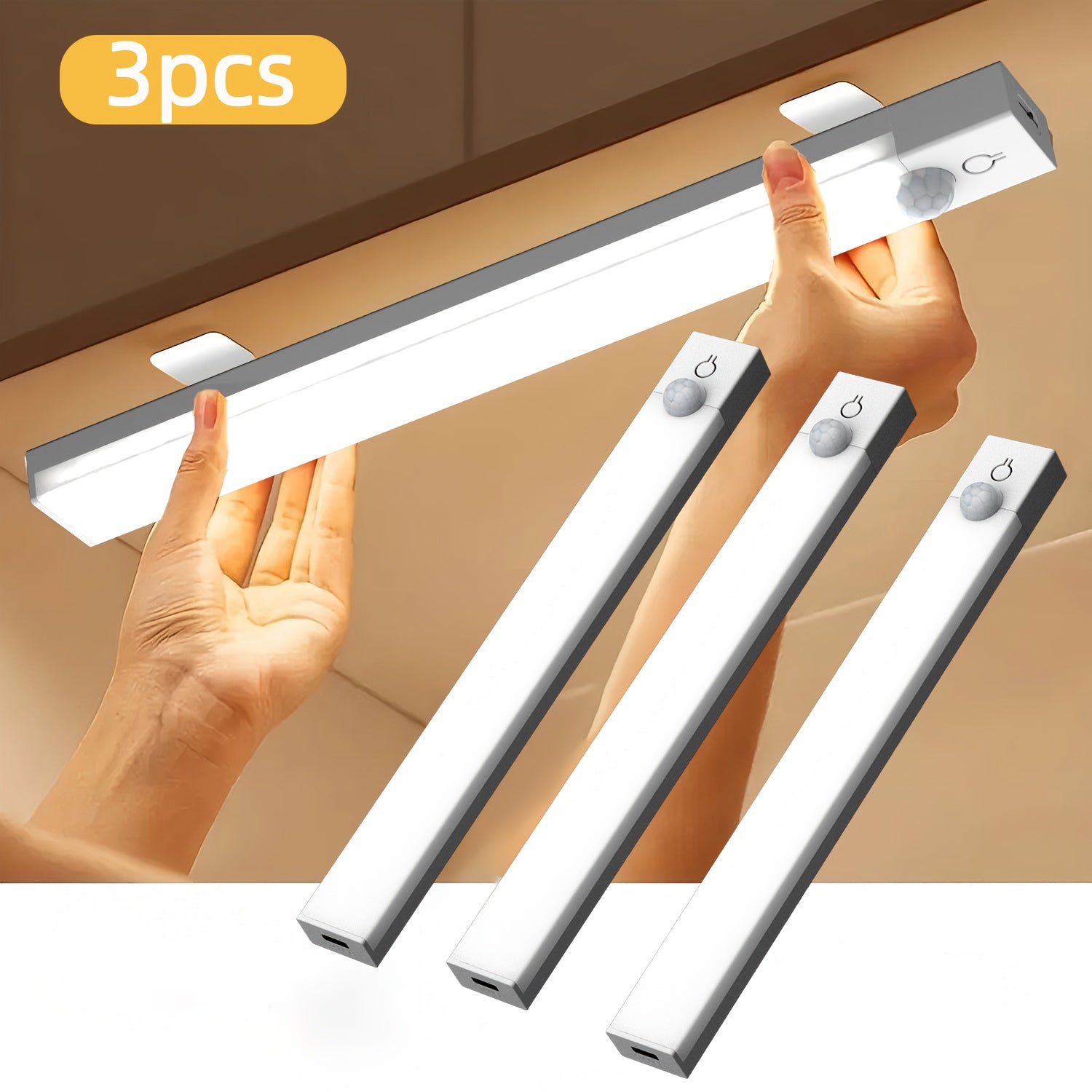 3pcs LED Motion Sensor - Dimmable Cabinet Lights, USB Rechargeable, 3Color Modes (3000K/4500K/6000K), Night Light, for Bedroom, Staircase, Kitchen, Piano Room & Dance Studio, Bedside Reading Lights...