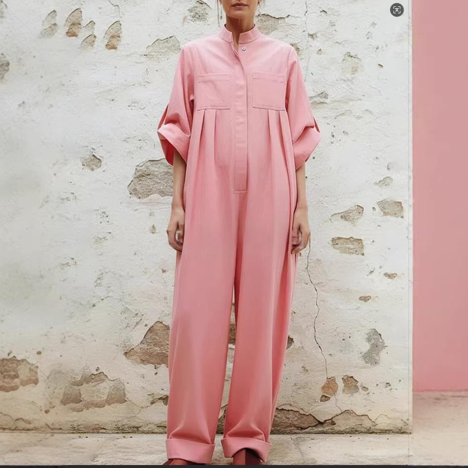 Solid-color Minimalist Pleated Loose-fitting Jumpsuit